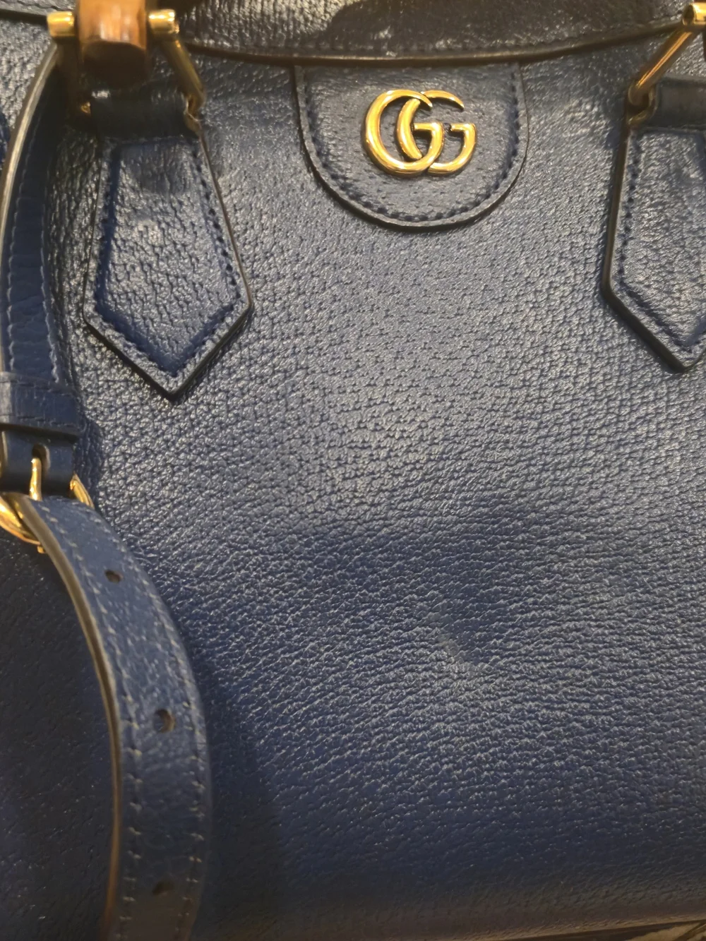 Gucci Navy Leather Bamboo Handle Tote with Yellow Accent